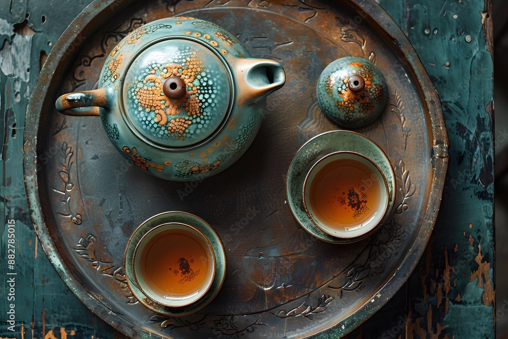 Traditional Chinese Tea Set with Intricate Designs on a Rustic Tray Traditional Chinese Tea Set with Intricate Designs on a Rustic Tray