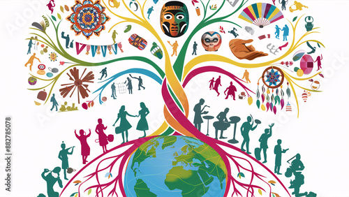 Illustration of a cultural diversity tree, with roots extending from a globe. The tree branches showcase various cultural symbols, artifacts, and activities, highlighting global unity and cultural ric photo