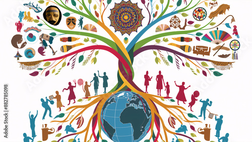 Illustration featuring a cultural diversity tree rooted in a globe. The branches are adorned with cultural symbols, artifacts, and traditional activities, representing global cultural unity and herita photo