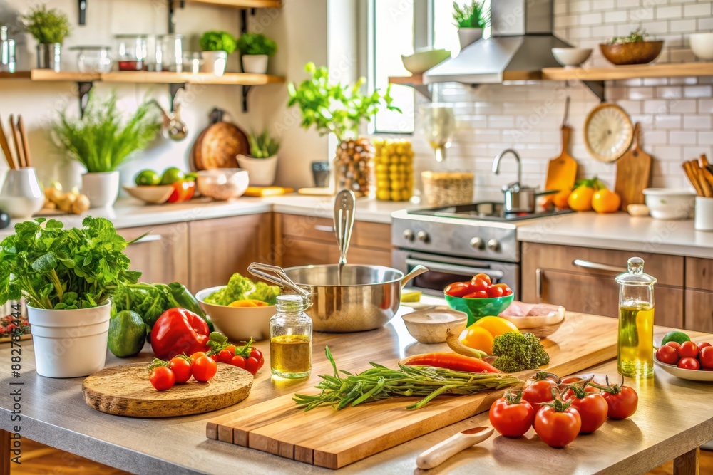 Fresh ingredients and cooking utensils scattered on a kitchen counter, with a half-prepared meal, evoking a sense of warmth and togetherness in a modern kitchen. Fresh ingredients and cooking utensils scattered on a kitchen counter, with a half-prepared meal, evoking a sense of warmth and togetherness in a modern kitchen.