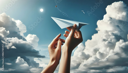 Freedom and Dreams: Human Hands Holding Paper Airplane in Blue Sky   Photo Realistic Photo Stock Concept with Copy Space