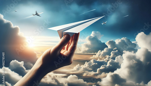 Photo Realistic Image of Human Hands Holding Paper Airplane Against Blue Sky with Copy Space, Symbolizing Freedom, Creativity, and Dreams � Photo Stock Concept