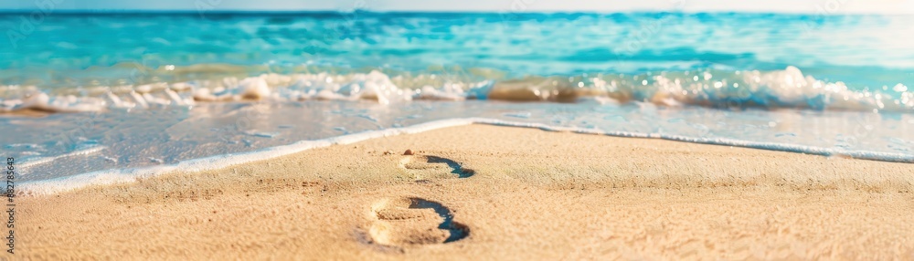 Tranquil beach scene with gentle waves, warm sand, and footsteps leading to the water under a clear blue sky. Tranquil beach scene with gentle waves, warm sand, and footsteps leading to the water under a clear blue sky.