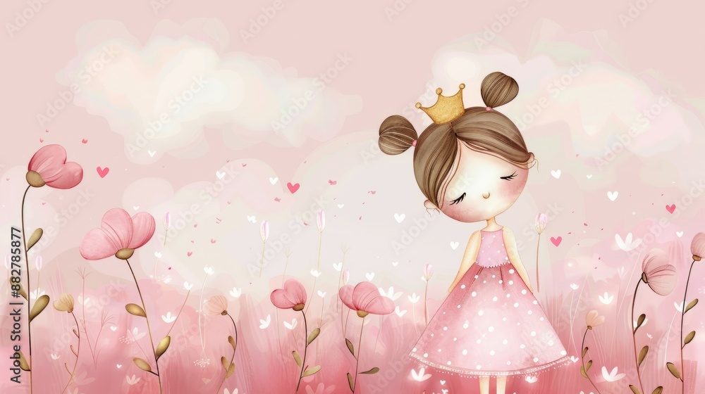 Cute princess in flower field. Adorable cartoon girl wearing a crown in a pink flower field. Cute princess in flower field. Adorable cartoon girl wearing a crown in a pink flower field.