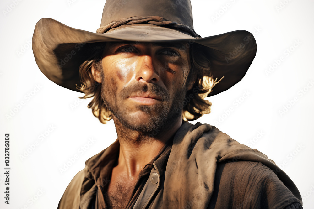 Fototapeta premium Cowboy on a white background. History of america. History of cowboys, first ranch. Farmer Australia. Portrait of a cowboy. 