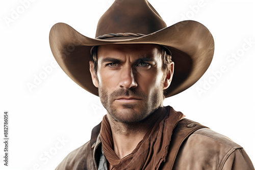 Cowboy on a white background. History of america. History of cowboys, first ranch. Farmer Australia. Portrait of a cowboy.	
