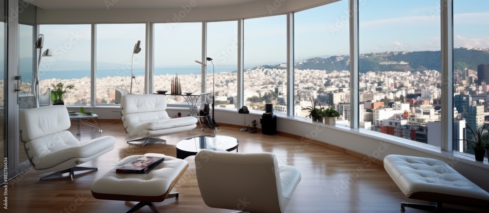 Fototapeta premium Modern Living Room with Panoramic City View