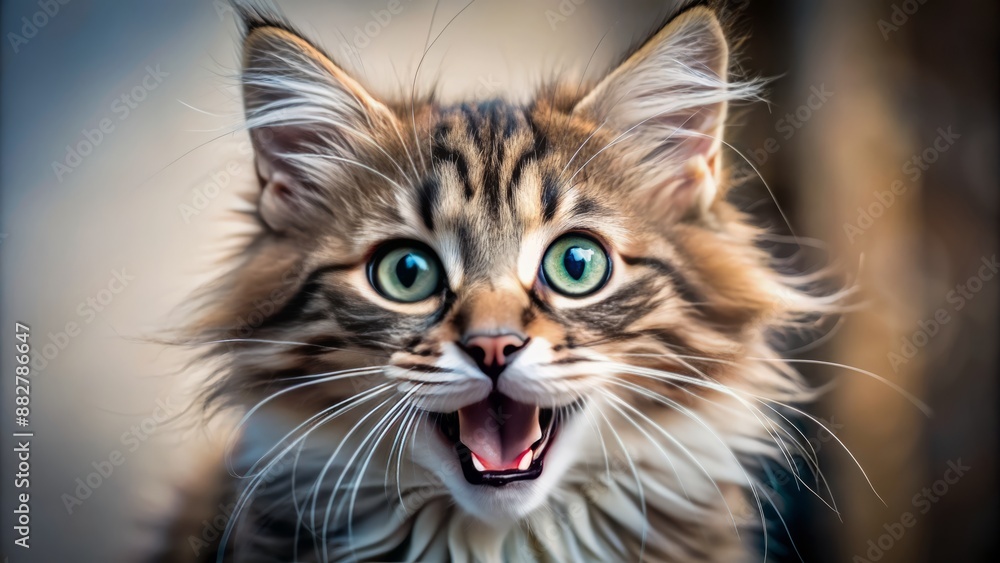 Adorable fluffy feline with bright curious eyes and open mouth revealing sharp teeth, showcasing playful and mischievous personality in a candid pose. Adorable fluffy feline with bright curious eyes and open mouth revealing sharp teeth, showcasing playful and mischievous personality in a candid pose.