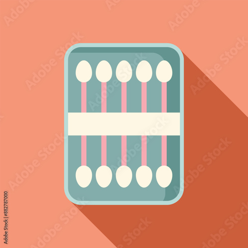 Turquoise plastic box containing ten ear sticks with pink handles for cleaning ears, resting on a peach background with a long shadow