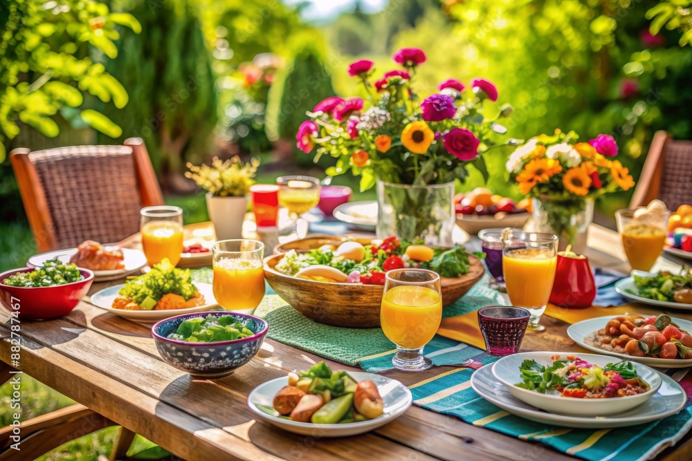 Vibrant garden table setting with assorted delicious salads, colorful drinks, and elegant decorations, awaiting a joyful gathering of family and multiethnic diverse friends for celebration. Vibrant garden table setting with assorted delicious salads, colorful drinks, and elegant decorations, awaiting a joyful gathering of family and multiethnic diverse friends for celebration.