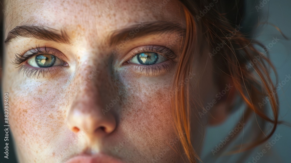 Woman with freckles looking directly Woman with freckles looking directly