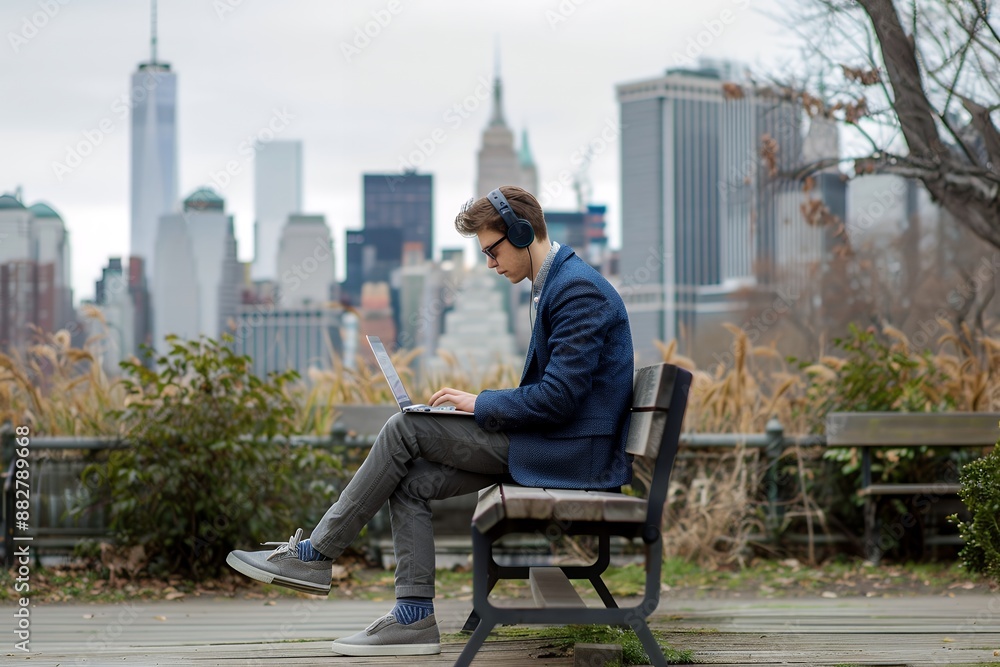 A young businessman works on his laptop while sitting at a wooden bench near the New York City skyline, wearing a blue blazer and headphones, from the side view. In the background there is a Manhattan A young businessman works on his laptop while sitting at a wooden bench near the New York City skyline, wearing a blue blazer and headphones, from the side view. In the background there is a Manhattan