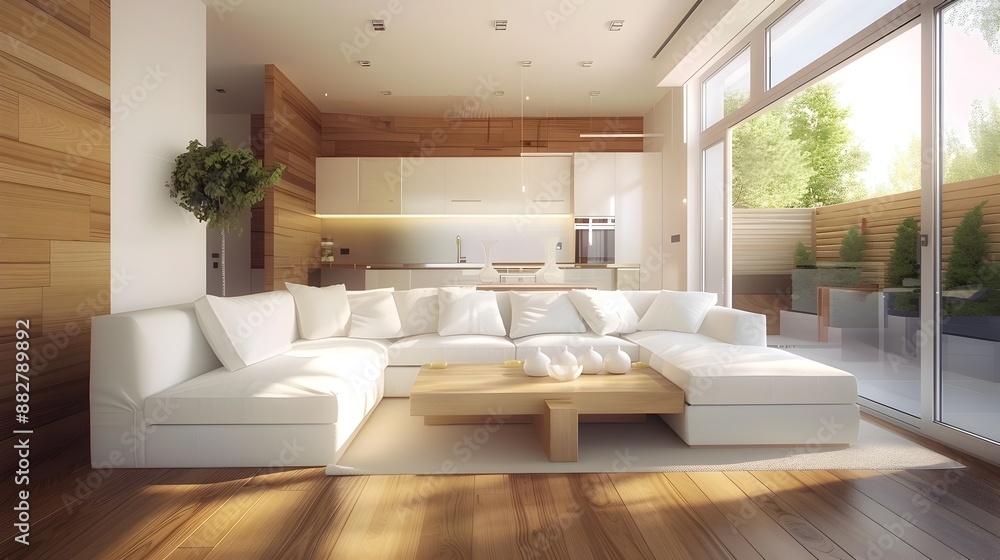 Fototapeta premium Bright and Airy Modern Living Room with Comfortable Furniture and Scenic Window View