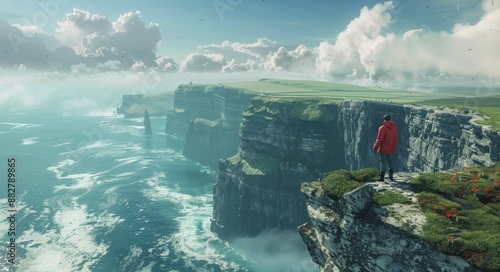 Hiker on the Cliffs of Moher in County Clare, Ireland, During a Cloudy Afternoon
