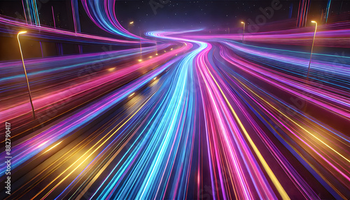 Vibrant Glowing Light Trails of Futuristic High Speed Motion on Blurred Highway © KeetaKawee