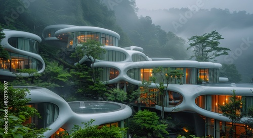 Futuristic Homes Built Into a Misty Mountainside in the Evening