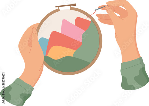 Hand embroidering icon, vector tailor craft decoration design, cartoon sewing accessories element, doodle dressmaking tool illustration, flat fashion supplies object,