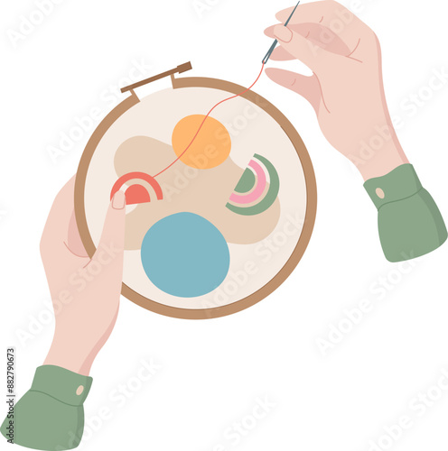 Hands embroidering icon, flat dressmaking supplies object, vector tailor tool illustration, hand drawn sewing accessories design, doodle fashion decoration element,