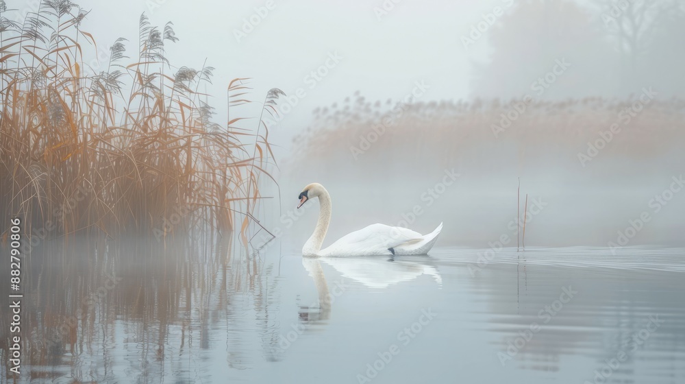 Swan in misty lake. Graceful swan swimming in a tranquil lake with fog, creating an ethereal atmosphere. Swan in misty lake. Graceful swan swimming in a tranquil lake with fog, creating an ethereal atmosphere.