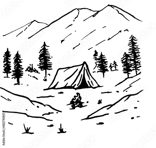 black and white hand drawn vector of a camping tent and a campfire in the middle of it, natural scenery background