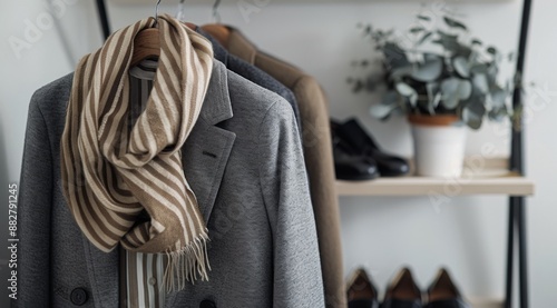 Brown and White Striped Scarf Hanging on Gray Coat in a Modern Closet