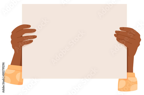 Human hand hold banner sticker, right activist holds support board, people show up demonstration placard, human raise strike signboard, character hold protest banner, woman holding empowerment poster,