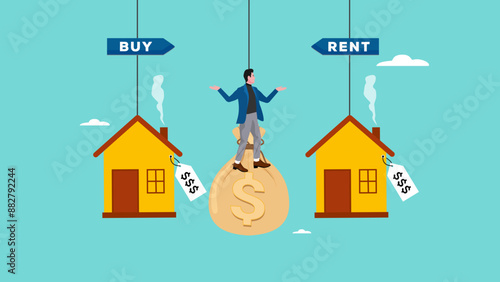 house buy or rent, choice between buying and renting concept, confused businessman choosing to rent a house or buy it