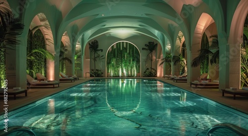 Indoor Swimming Pool With Arched Ceiling and Palm Trees