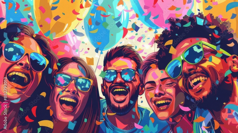 A group of friends celebrating with confetti, vibrant smiles, and colorful balloons, pop art style, bright and cheerful colors, digital illustration, high energy A group of friends celebrating with confetti, vibrant smiles, and colorful balloons, pop art style, bright and cheerful colors, digital illustration, high energy