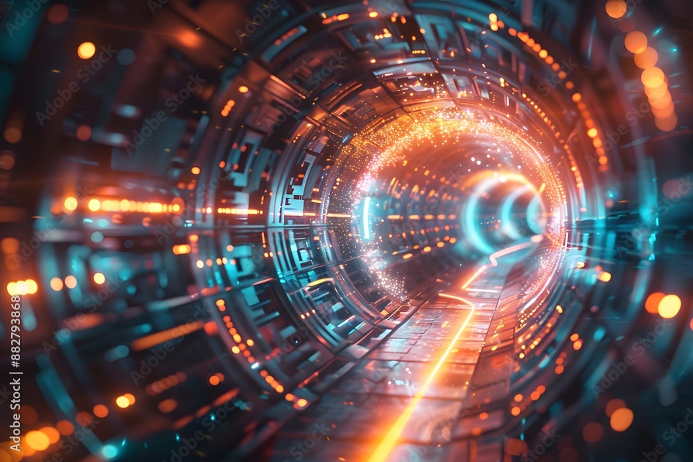 Obraz premium Futuristic Sci-Fi Tunnel with Glowing Lights and Advanced Technology