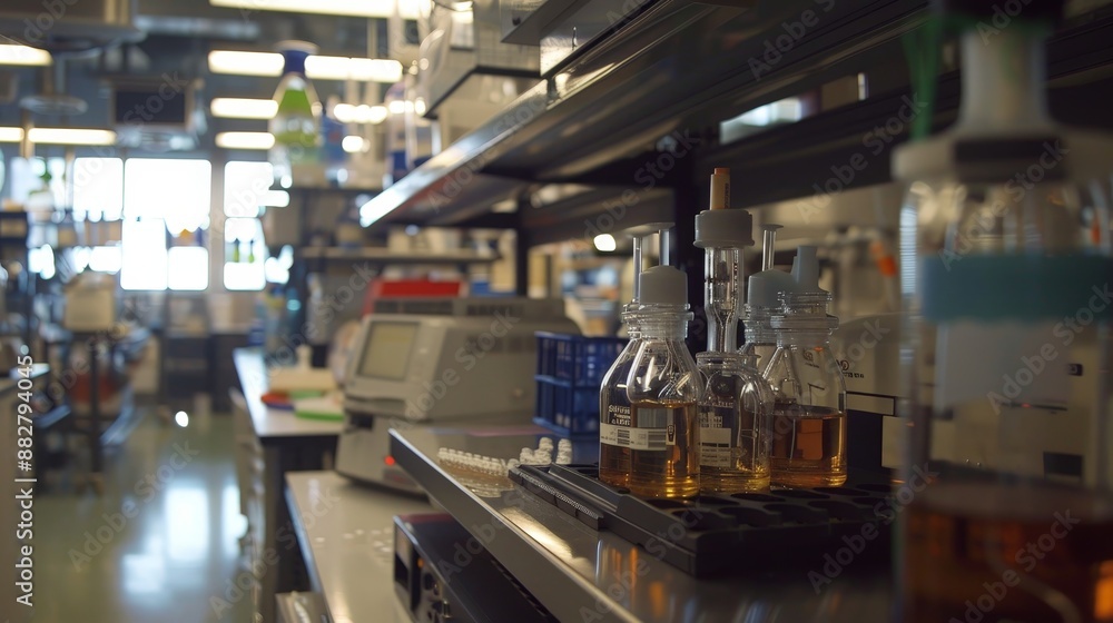 A biochemical lab where scientists are studying the interactions of molecules. The lab is equipped with advanced spectrometry and chromatography tools. A biochemical lab where scientists are studying the interactions of molecules. The lab is equipped with advanced spectrometry and chromatography tools.