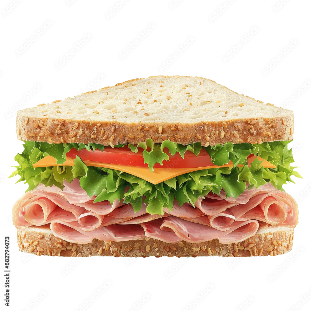 Ham and vegetable sandwich with lettuce tomato and whole grain bread in realistic style clipart with transparent background Ham and vegetable sandwich with lettuce tomato and whole grain bread in realistic style clipart with transparent background