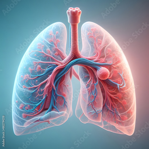 Lung Anatomy with Vascular Details |  A detailed view of the human lungs, highlighting the complex vascular network and respiratory structures.