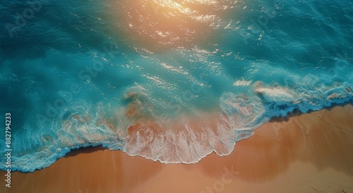 Aerial View of Turquoise Ocean Waves Crashing on Sandy Beach