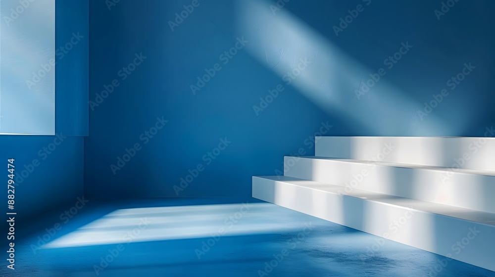 Obraz premium Minimalist Blue Room with Sunlit White Stairs