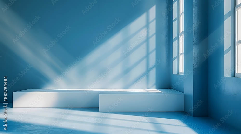 Obraz premium Sunlit Minimalist Interior with Blue Tones and Large Windows