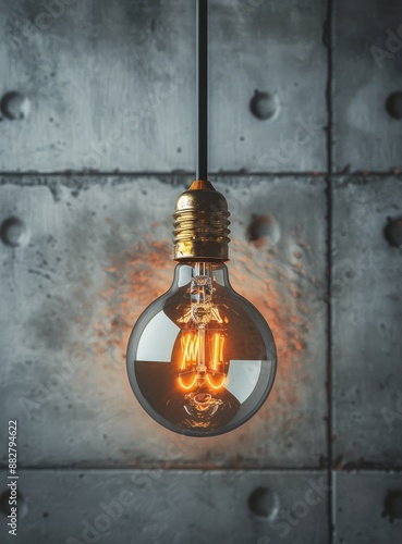 A Single Vintage Light Bulb Hanging Against a Gray Concrete Wall