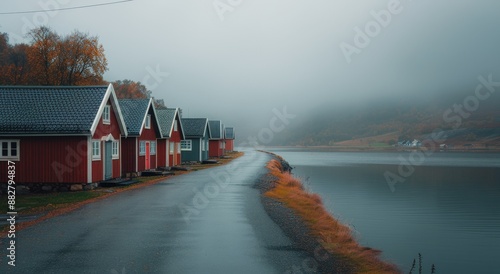 Row of Colorful Cottages Along a Foggy Lake Road in Autumn
