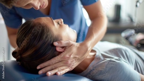 Close-up of a patient undergoing a chiropractic adjustment from a therapist, lying on a table and relaxed, modern clinic background with medical equipment, Portrait close-up, hyper-realistic, high