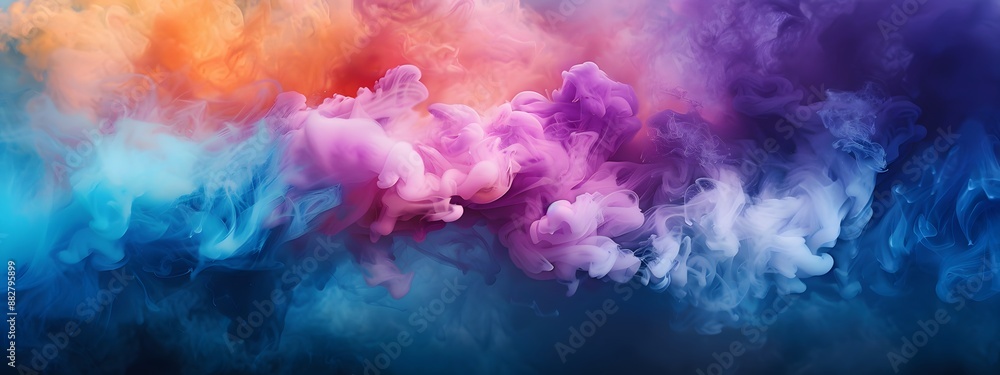 Fototapeta premium Colorful smoke explosion on a dark background, colorful clouds in water, colorful paint and ink, pink, blue, purple, orange and yellow, red, colorful foggy clouds of powder and dust, paint drops