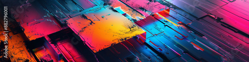 Modern trendy cyberpunk neon colors hi-tech geometric abstract background. High quality ultra wide art header social media post graphic element, banner, print, texture wallpaper. Generative Ai content photo