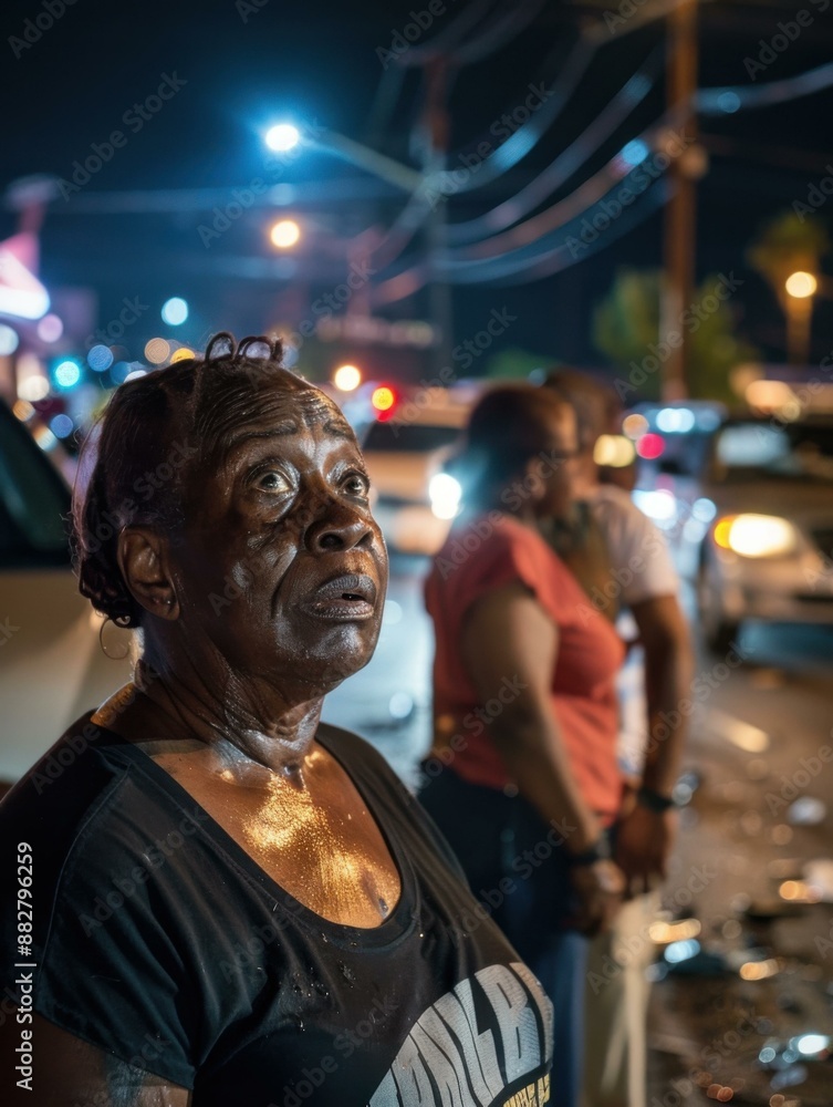 A woman looks on in shock and disbelief as her neighborhood is destroyed by a tornado. AI. A woman looks on in shock and disbelief as her neighborhood is destroyed by a tornado. AI.