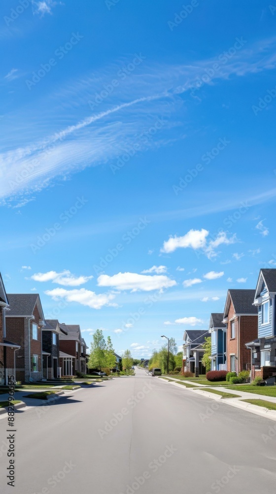Obraz premium A wide, tree-lined suburban street with large, two-story townhomes on either side. AI.