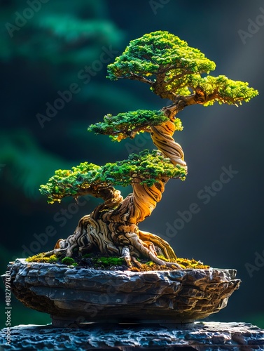 A bonsai tree is shown in front of a green background. photo