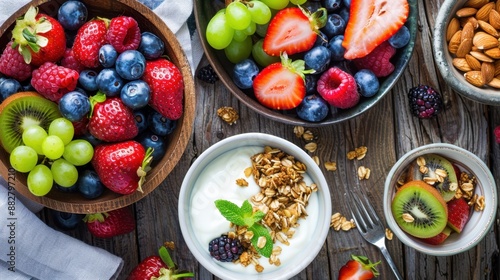 Healthy breakfast setup, fresh fruits, granola, yogurt, wooden table, close-up details