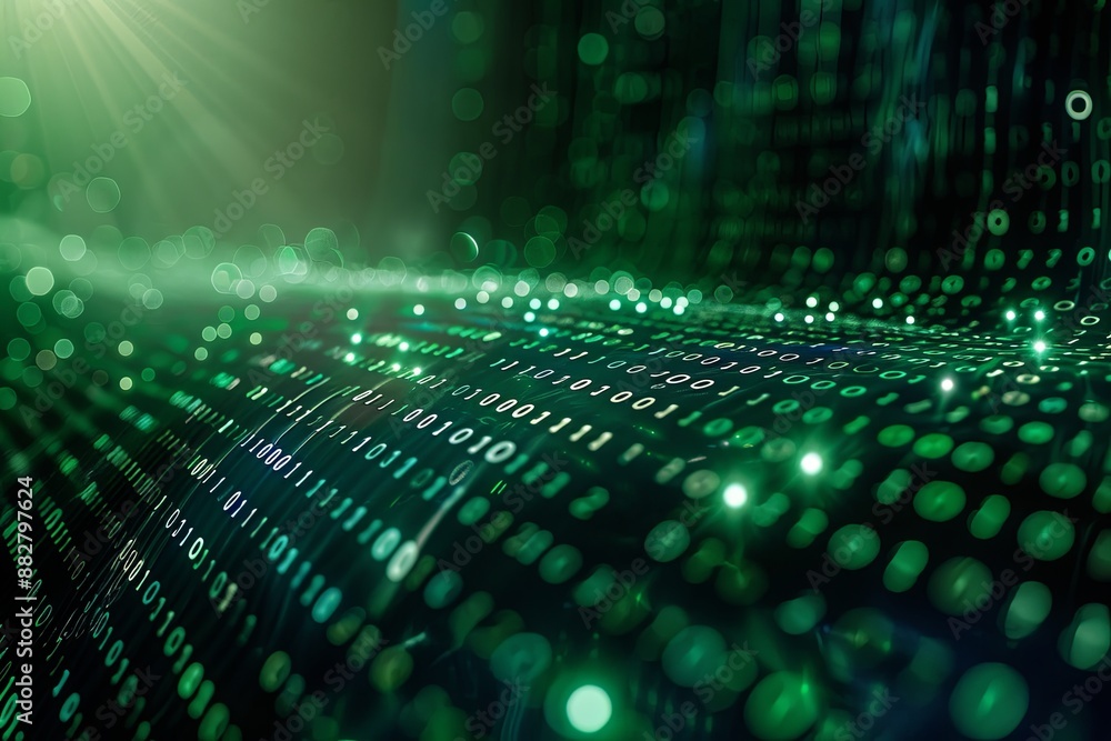 Green dark binary code data streaming background created with Generative AI Green dark binary code data streaming background created with Generative AI
