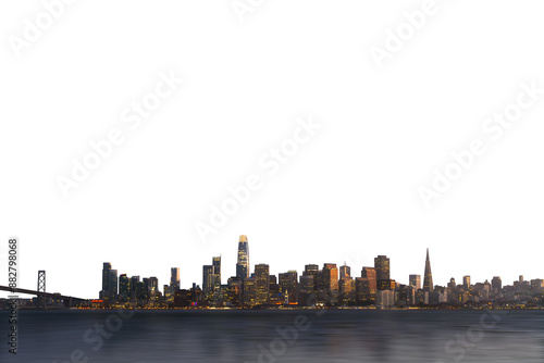 San Francisco skyline during dusk on a clear background, showcasing the city's illuminated buildings as a design element