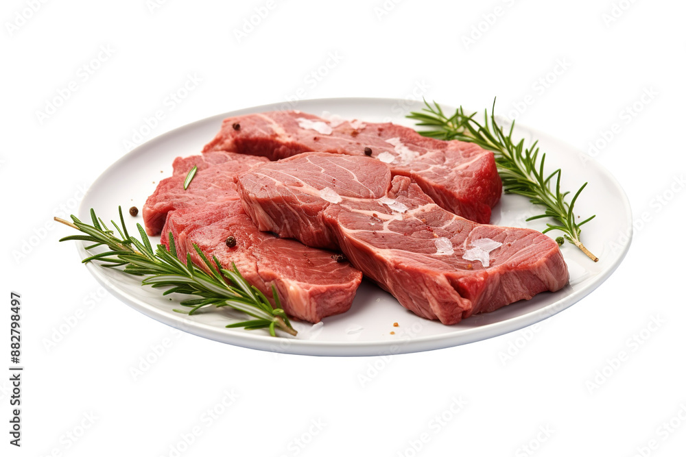 A Culinary Canvas: Raw Meat and Rosemary on a White Plate on White or PNG Transparent Background. A Culinary Canvas: Raw Meat and Rosemary on a White Plate on White or PNG Transparent Background.