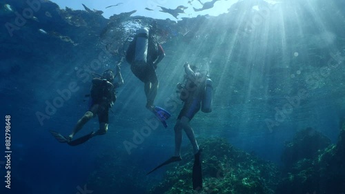 Wallpaper Mural  scuba divers exploring around a reef underwater deep blue water big rocks and bubbles ocean scenery  Torontodigital.ca