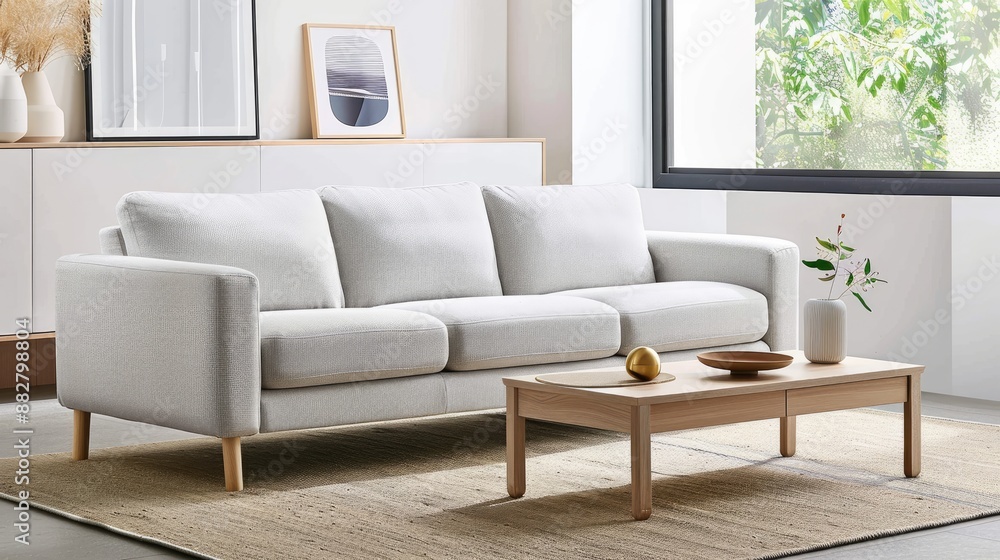 A modern grey sectional sofa with chaise lounge. Positioned in front of a window with natural light. Wooden coffee table in front, large houseplant in the corner A modern grey sectional sofa with chaise lounge. Positioned in front of a window with natural light. Wooden coffee table in front, large houseplant in the corner